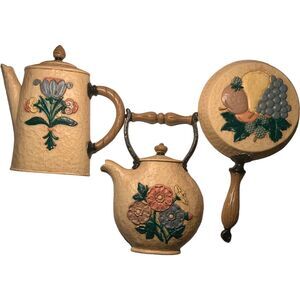 1995 VTG SET Teapot Kettle Floral 2D Wall Folk ART Decor Kitchen Home Interiors
